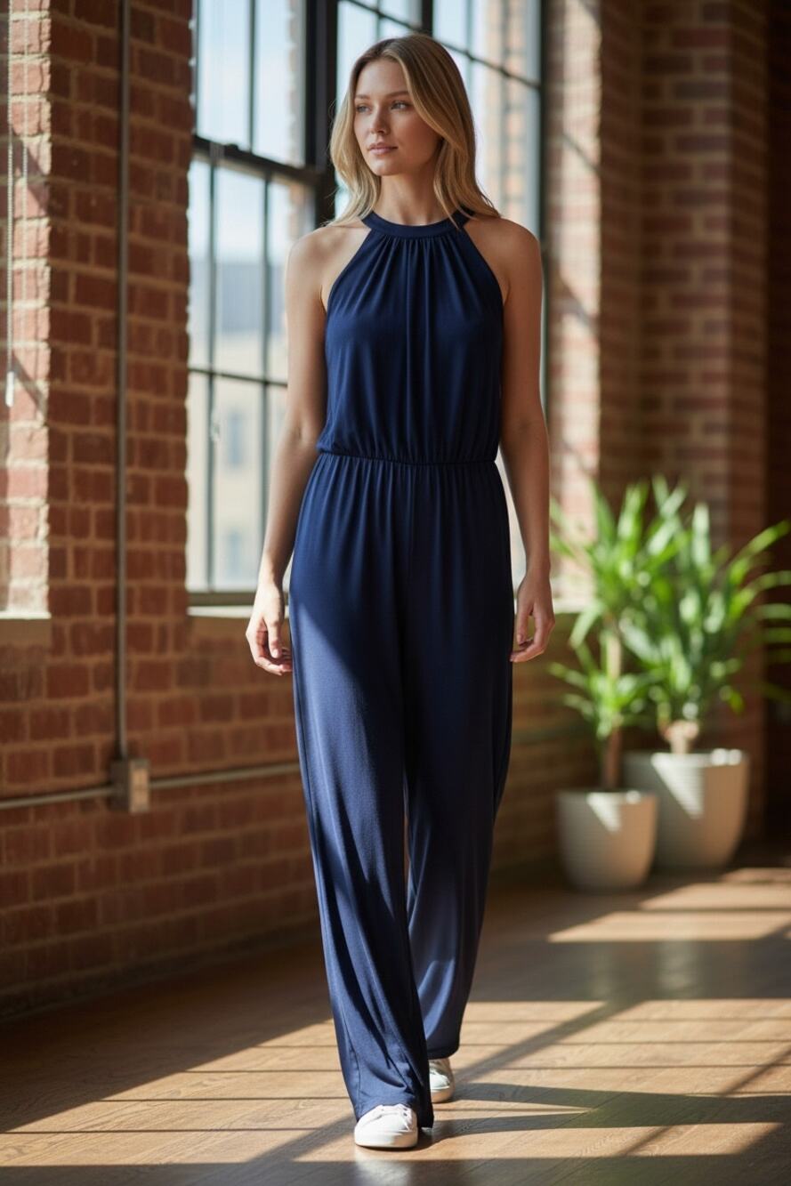 HALARA Jumpsuit Size L NEW Navy Blue w/ Pockets Strapless Stretch
